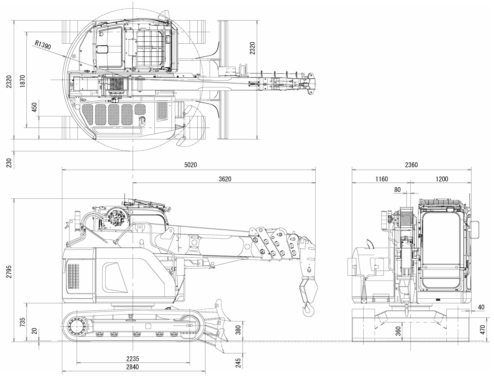 Габариты мини-крана Maeda LC785M-8B