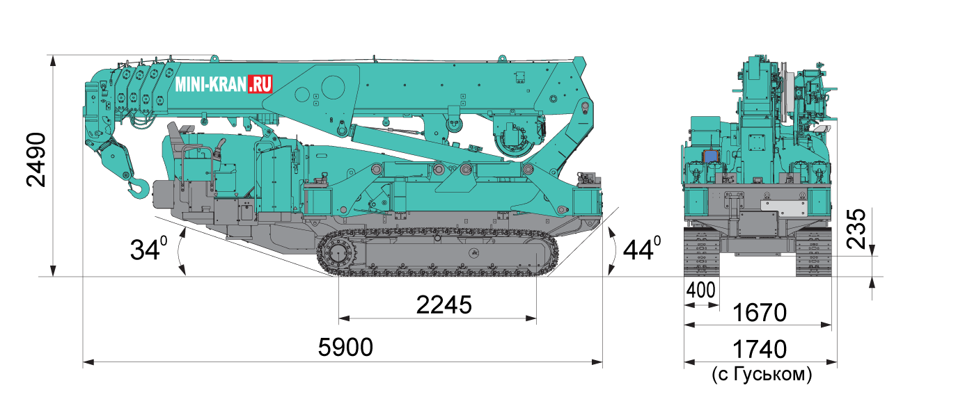 Габариты мини-крана Maeda MC285 с выставленными аутригерами (опорами)