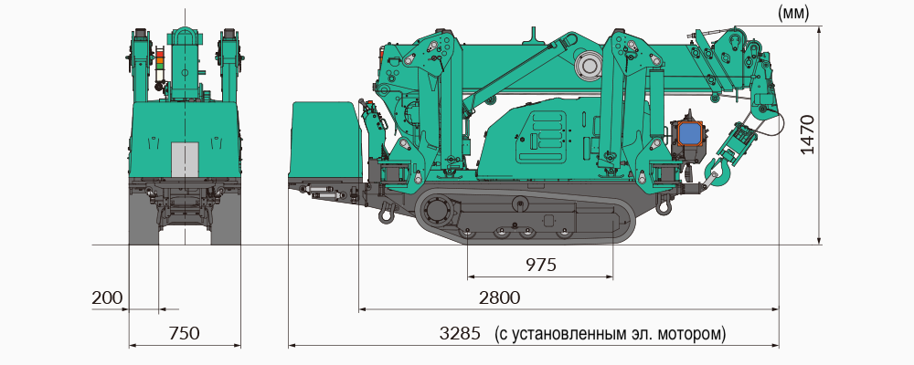 Схема габаритных размеров мини-крана Maeda MC285-3 в транспортном положении